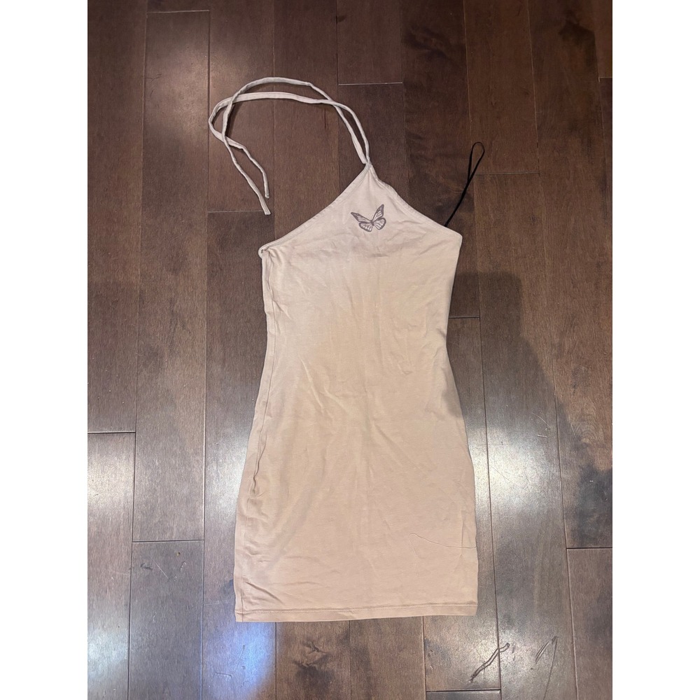 Tan Butterfly Graphic Halter Mini Dress Y2K Bodycon Sleeveless Beige
